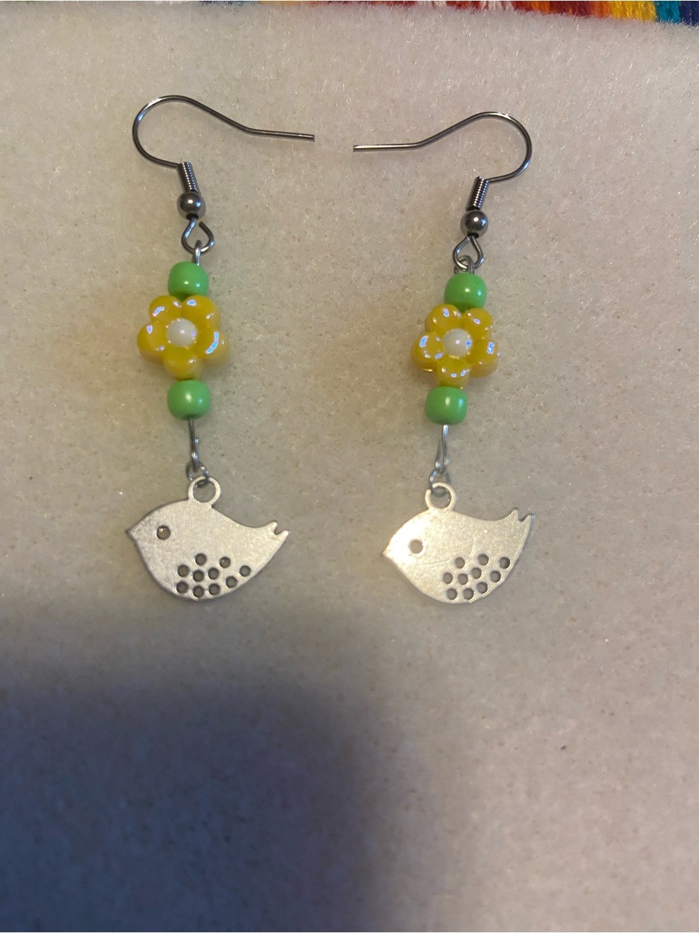 Silver Bird Dangle Earrings with Yellow Flower Beads - Women Jewelry